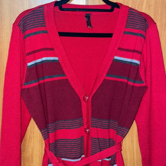 Yoki V Neck Button Down Self Tie Sweater - Red - Size L - Picture 3 of 10